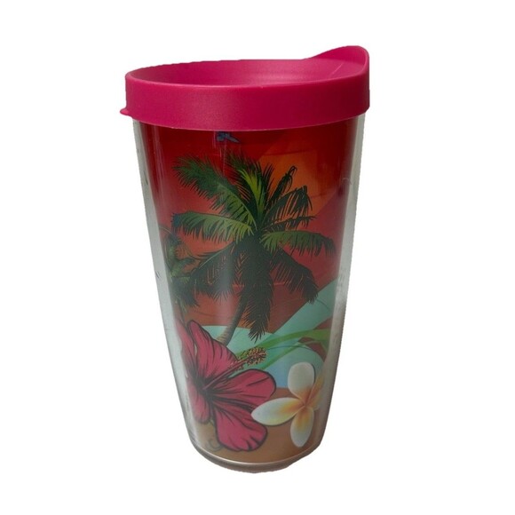 Tervis Insulated Tumbler w/Lid Tropical Red Hibiscus Palm Trees 16oz Pool Beach - Picture 1 of 5